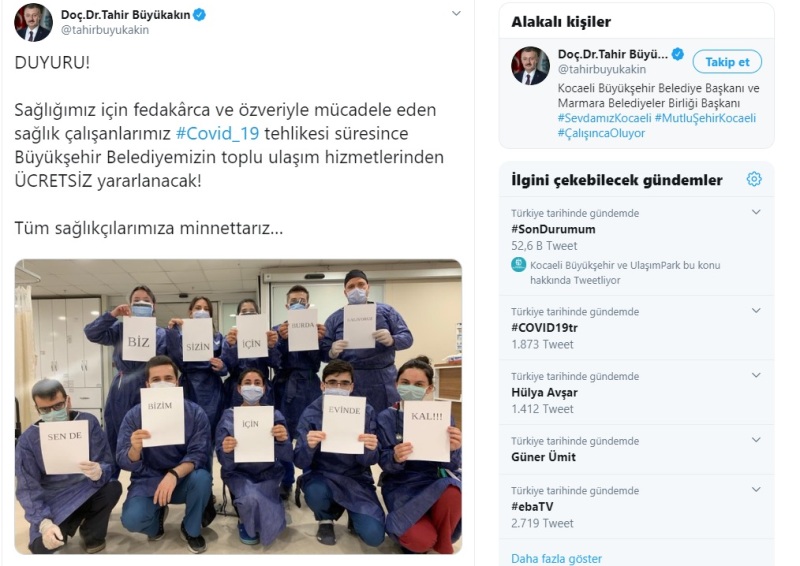 Belediye toplu taşım araçları sağlıkçılara ücretsiz