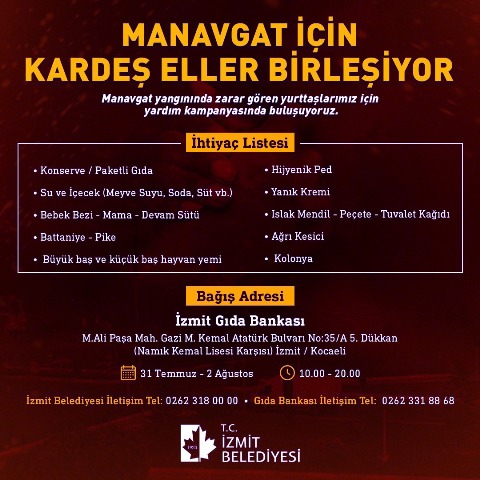 İzmit’ten Manavgat’a kardeş eli